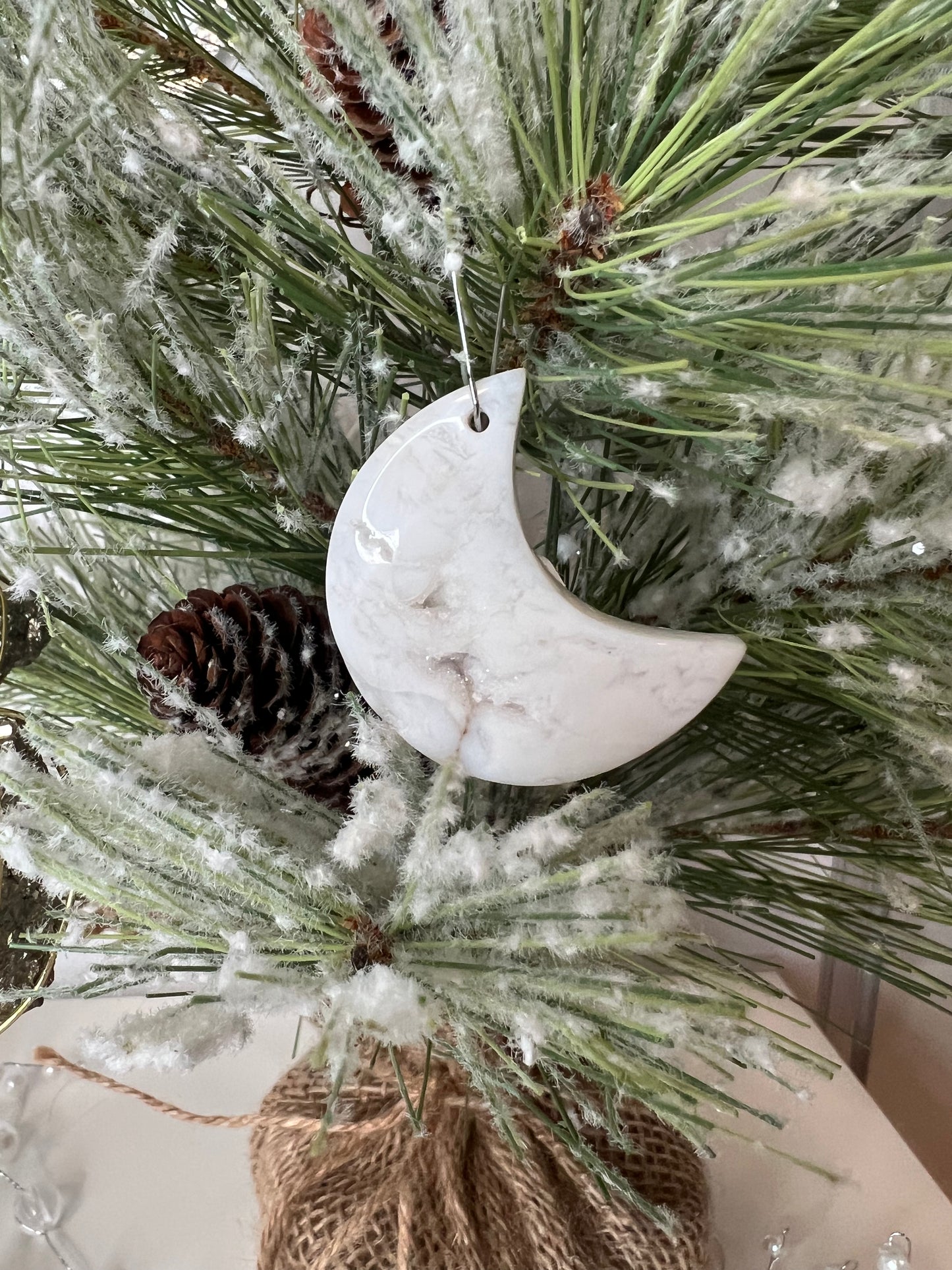 White Agate Druzy Moon Christmas Tree Ornament
