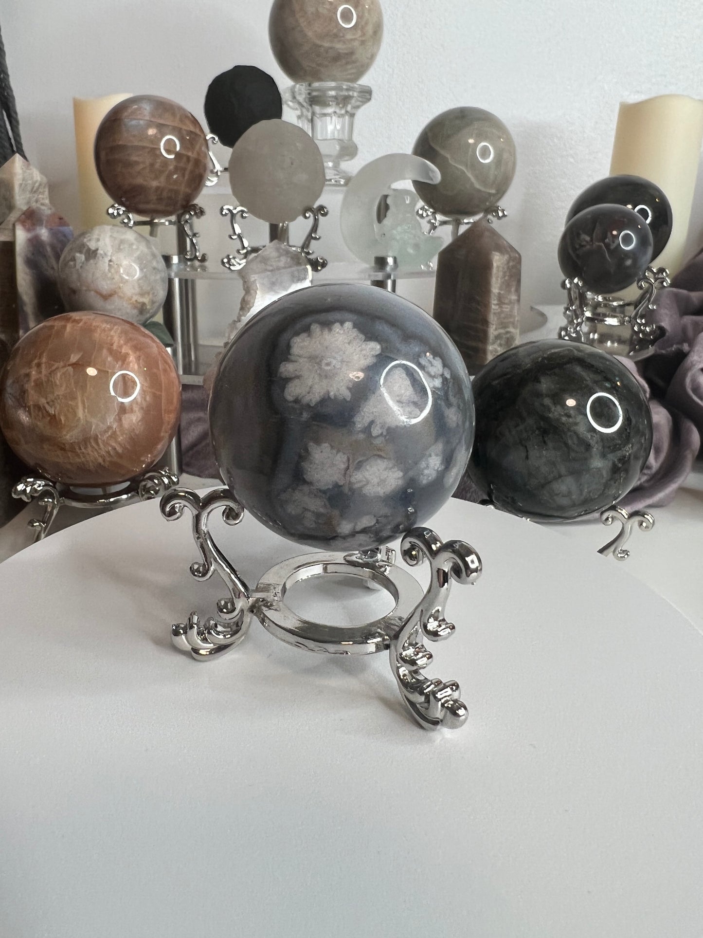 Black Flower Agate Sphere 104g #7